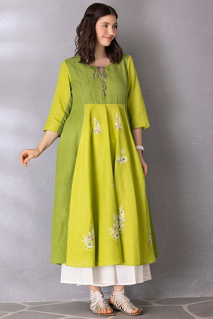 Lime Green & Moss Cotton Linen Embroidered Anarkali Set by Tanu Malhotra at Pernia's Pop Up Shop