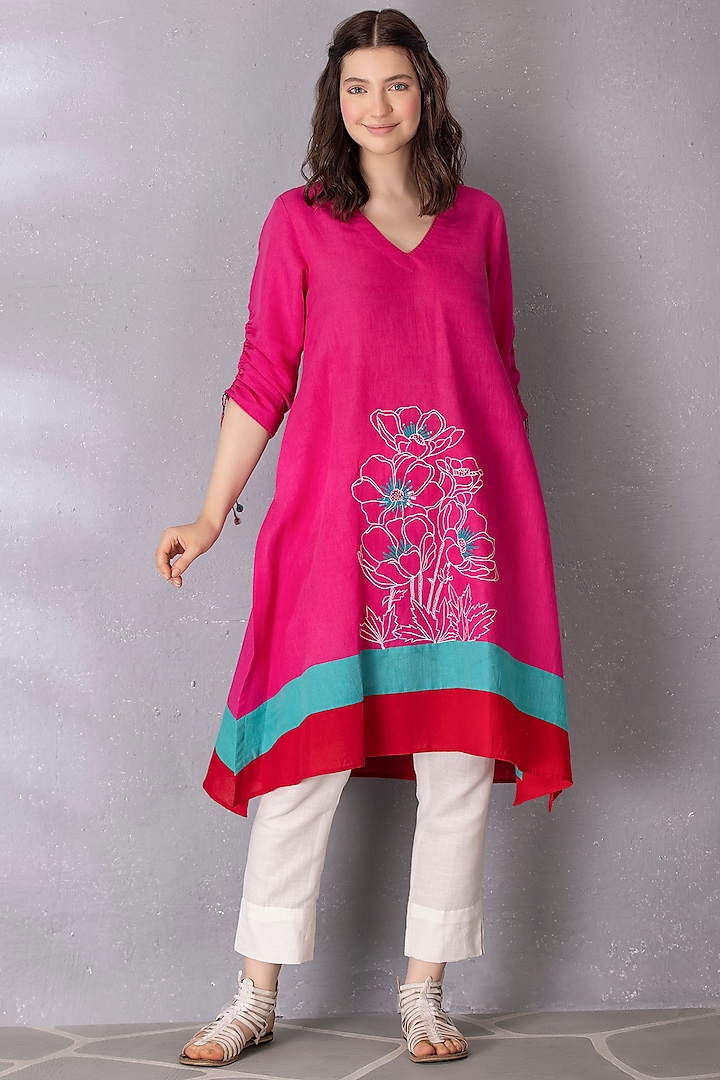 Bubble Gum Cotton Linen Embroidered A-Line Tunic Set by Tanu Malhotra
