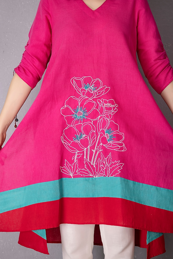 Bubble Gum Cotton Linen Embroidered A-Line Tunic Set by Tanu Malhotra at Pernia's Pop Up Shop