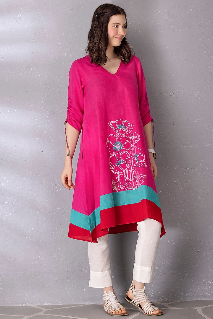 Bubble Gum Cotton Linen Embroidered A-Line Tunic Set by Tanu Malhotra at Pernia's Pop Up Shop