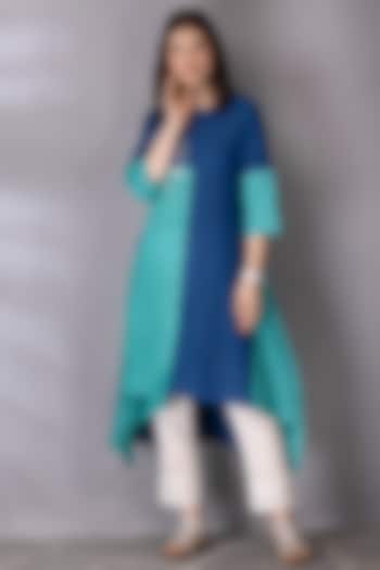 Turquoise & Blue Cotton Linen Embroidered Tunic Set by Tanu Malhotra