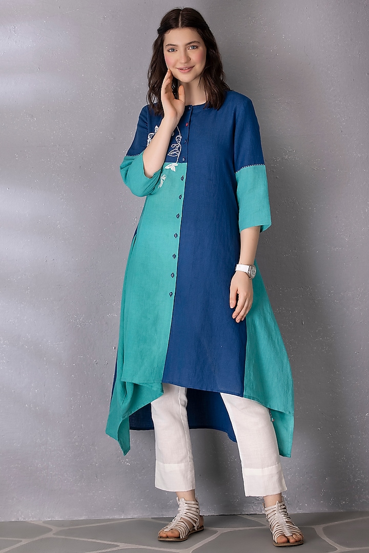 Turquoise & Blue Cotton Linen Embroidered Tunic Set by Tanu Malhotra