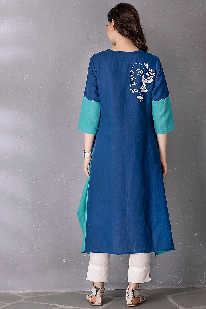 Turquoise & Blue Cotton Linen Embroidered Tunic Set by Tanu Malhotra at Pernia's Pop Up Shop
