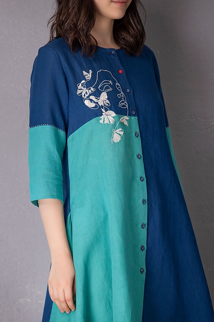 Turquoise & Blue Cotton Linen Embroidered Tunic Set by Tanu Malhotra at Pernia's Pop Up Shop