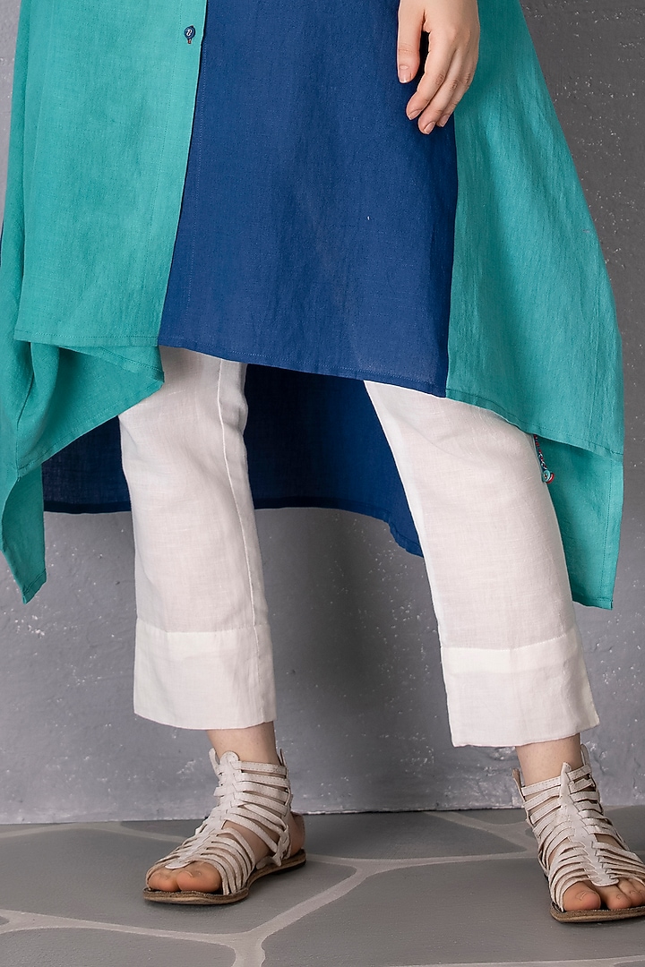 Turquoise & Blue Cotton Linen Embroidered Tunic Set by Tanu Malhotra at Pernia's Pop Up Shop