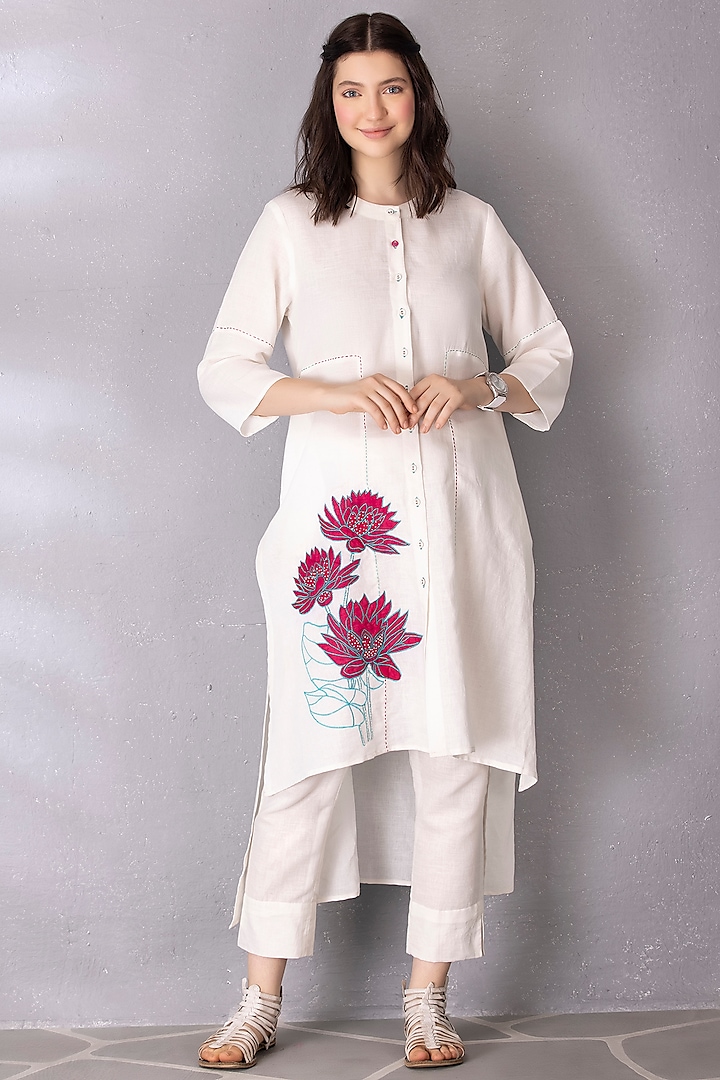 White Cotton Linen Embroidered High-Low Tunic Set by Tanu Malhotra