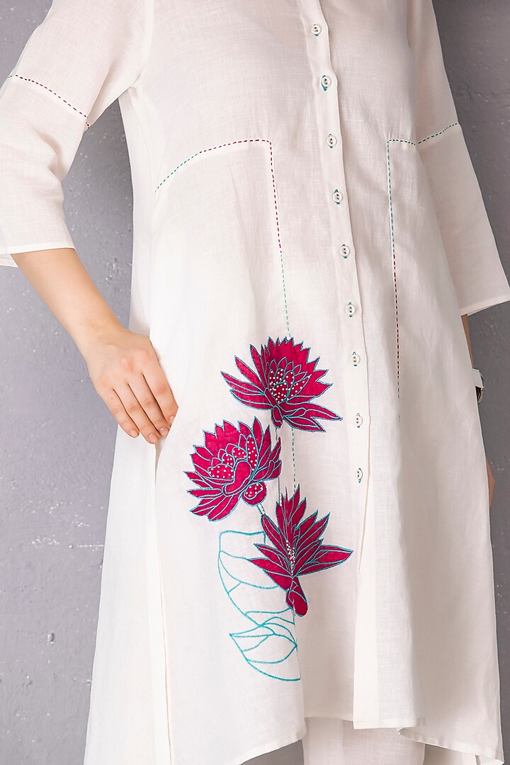White Cotton Linen Embroidered High-Low Tunic Set by Tanu Malhotra at Pernia's Pop Up Shop