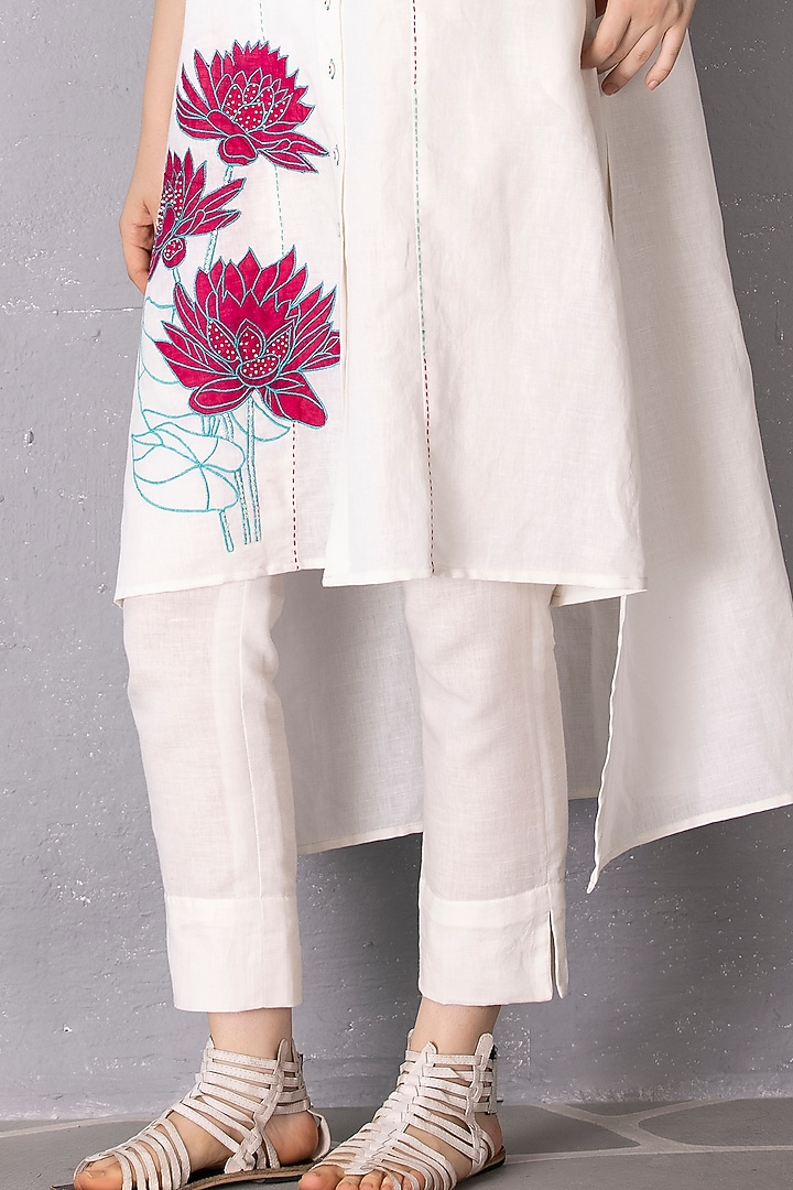 White Cotton Linen Embroidered High-Low Tunic Set by Tanu Malhotra at Pernia's Pop Up Shop