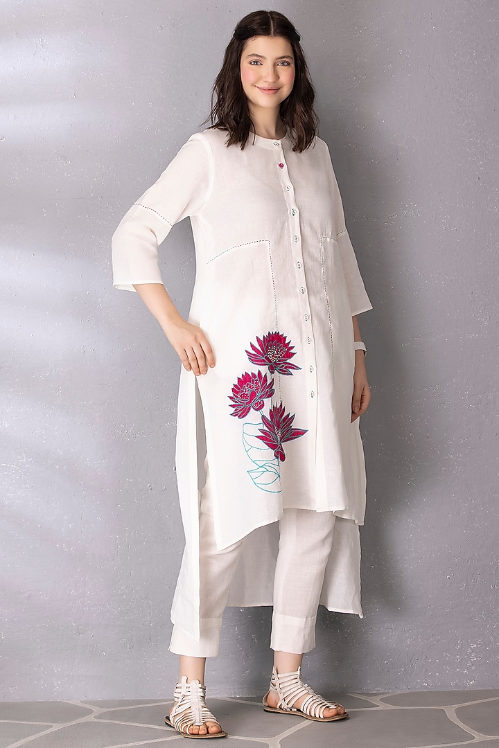 White Cotton Linen Embroidered High-Low Tunic Set by Tanu Malhotra at Pernia's Pop Up Shop