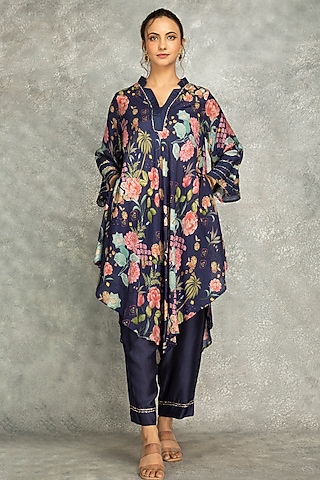Blue Cotton Silk Digital Printed Kurta Set by Tanu Malhotra