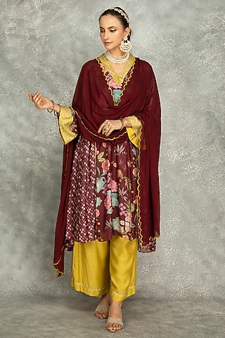 Wine Cotton Silk Digital Printed Kurta Set by Tanu Malhotra