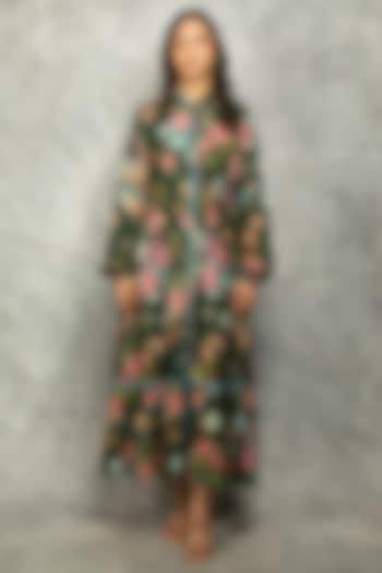 Green Cotton Silk Floral Digital Printed Summer Dress by Tanu Malhotra at Pernia's Pop Up Shop