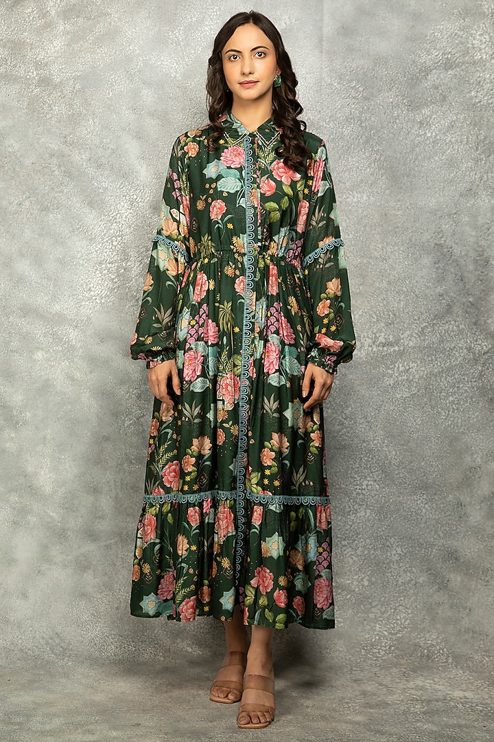 Green Cotton Silk Floral Digital Printed Summer Dress by Tanu Malhotra at Pernia's Pop Up Shop