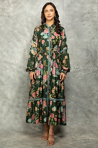 Green Cotton Silk Floral Digital Printed Dress by Tanu Malhotra