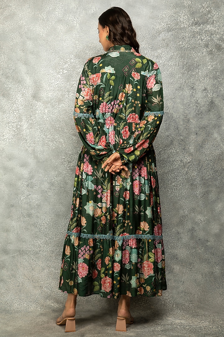 Green Cotton Silk Floral Digital Printed Summer Dress by Tanu Malhotra at Pernia's Pop Up Shop
