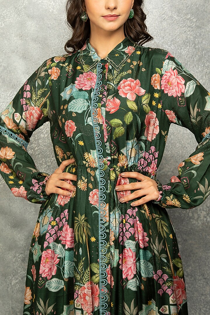 Green Cotton Silk Floral Digital Printed Summer Dress by Tanu Malhotra at Pernia's Pop Up Shop