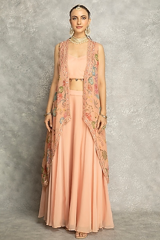 Peach Organza Floral Printed Cape Set by Tanu Malhotra