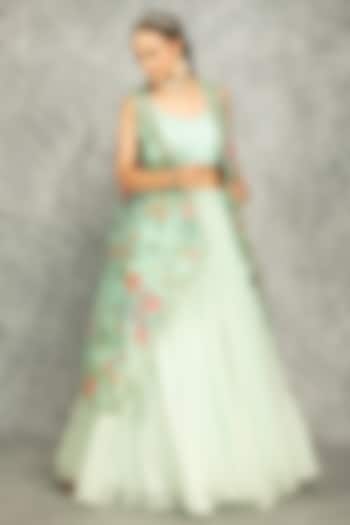 Aqua Green Organza Floral Printed Cape Set by Tanu Malhotra at Pernia's Pop Up Shop