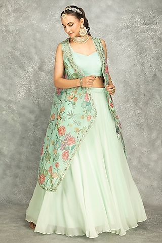 Aqua Green Organza Floral Printed Cape Set by Tanu Malhotra