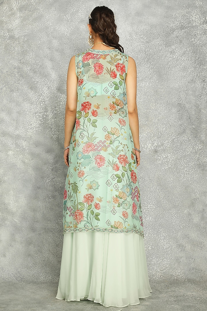 Aqua Green Organza Floral Printed Cape Set by Tanu Malhotra at Pernia's Pop Up Shop
