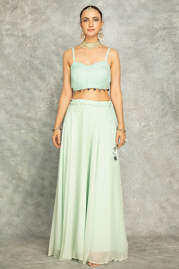 Aqua Green Organza Floral Printed Cape Set by Tanu Malhotra at Pernia's Pop Up Shop