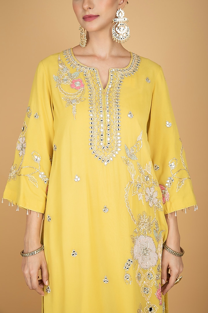 Lime Yellow Georgette Embroidered Kurta Set by Tanu Malhotra at Pernia's Pop Up Shop