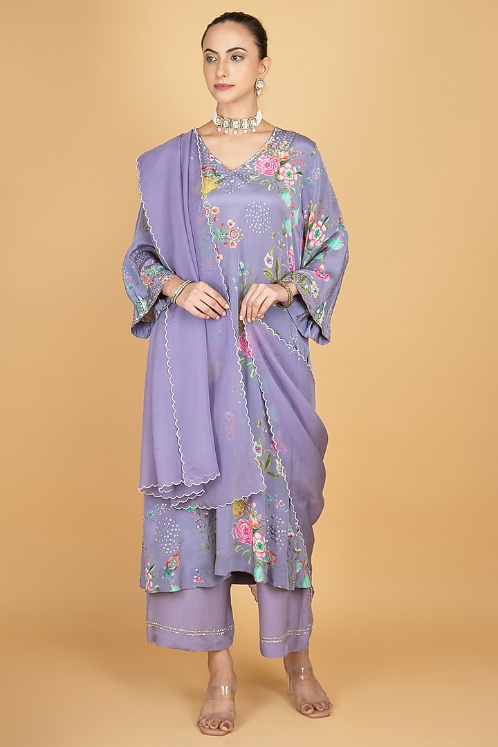 Purple Crepe Floral Printed & Sequins Work Kurta Set by Tanu Malhotra at Pernia's Pop Up Shop