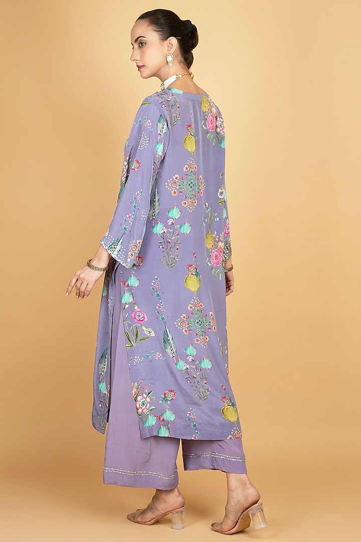 Purple Crepe Floral Printed & Sequins Work Kurta Set by Tanu Malhotra at Pernia's Pop Up Shop