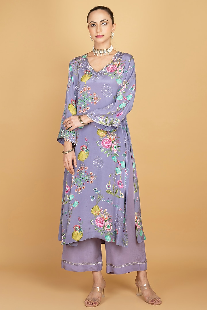 Purple Crepe Floral Printed & Sequins Work Kurta Set by Tanu Malhotra at Pernia's Pop Up Shop