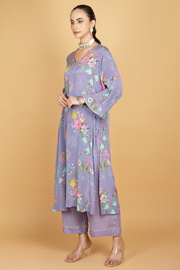 Purple Crepe Floral Printed & Sequins Work Kurta Set by Tanu Malhotra at Pernia's Pop Up Shop