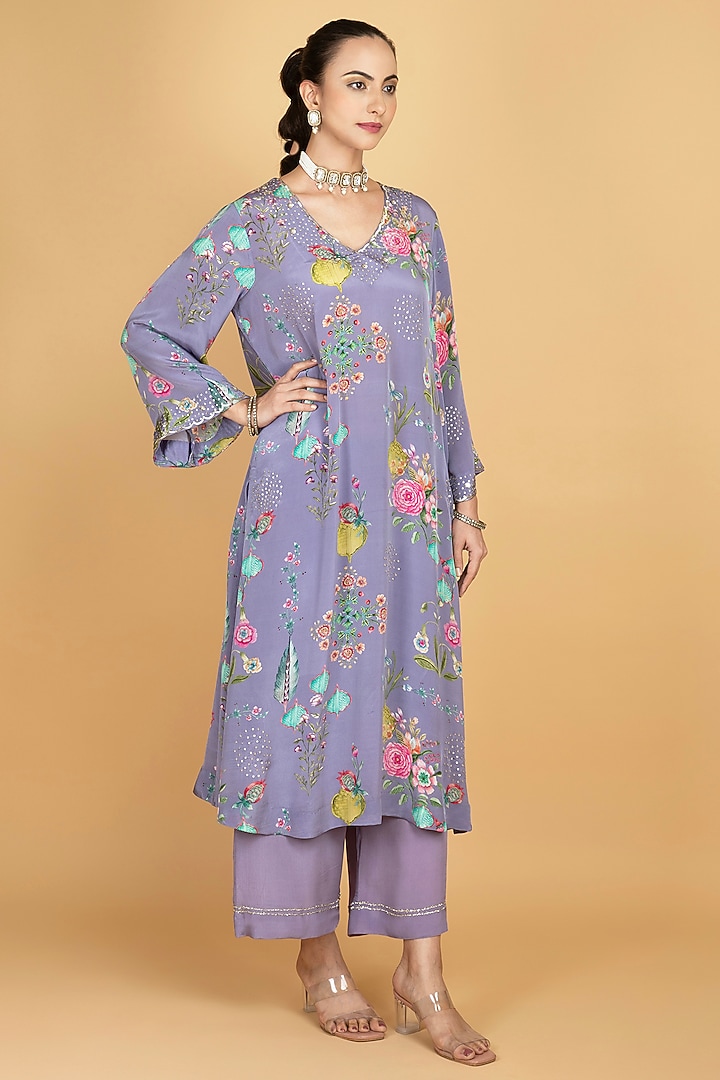 Purple Crepe Floral Printed & Sequins Work Kurta Set by Tanu Malhotra at Pernia's Pop Up Shop