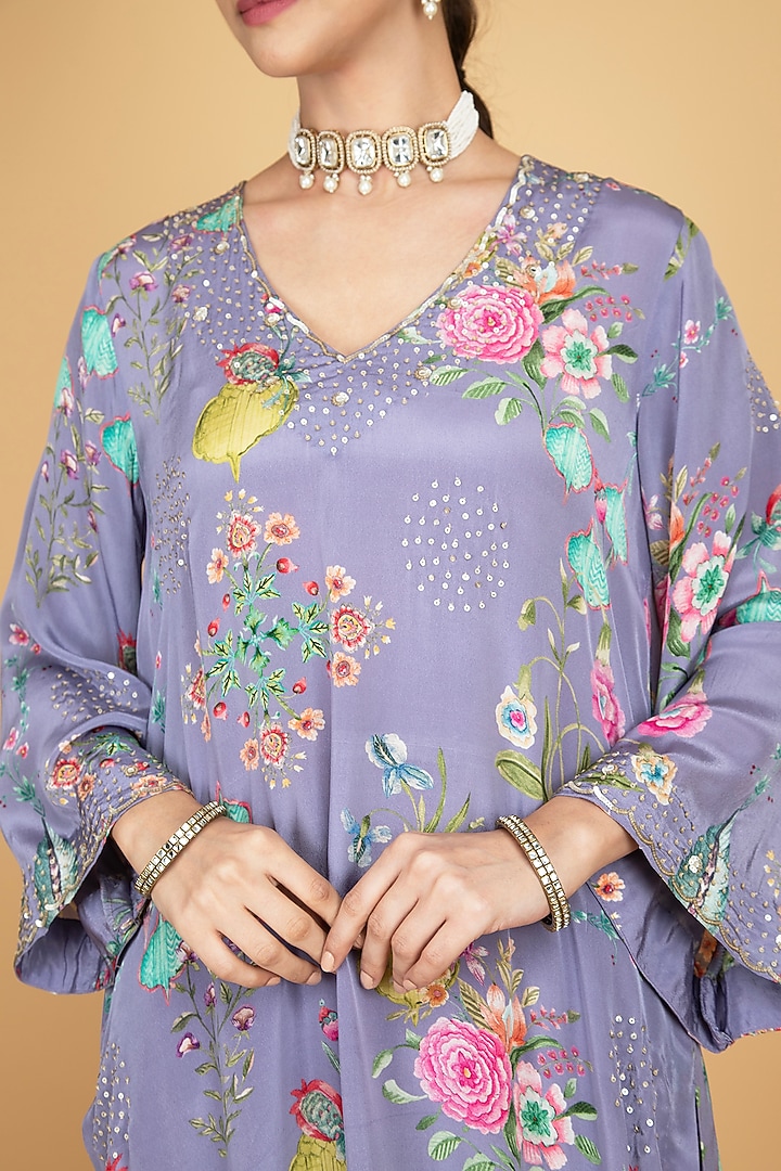 Purple Crepe Floral Printed & Sequins Work Kurta Set by Tanu Malhotra at Pernia's Pop Up Shop