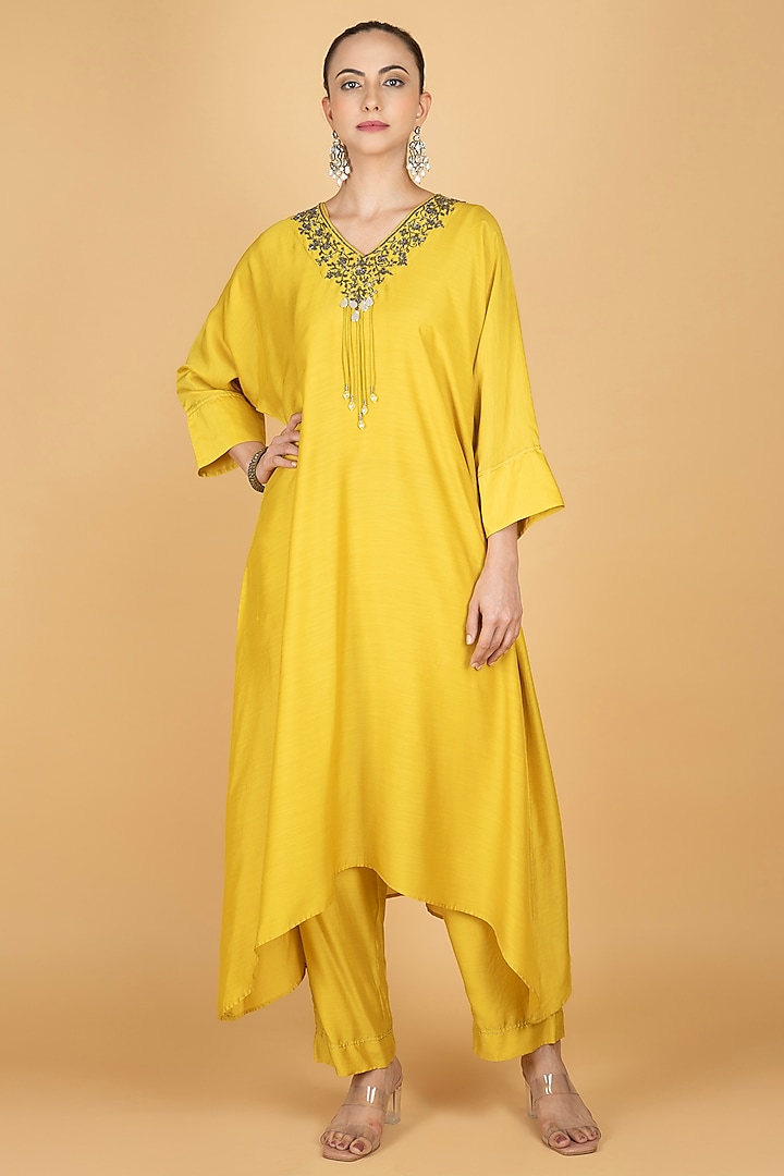 Lime Yellow Cotton Silk Sequins Hand Embellished High-Low Kaftan Set by Tanu Malhotra at Pernia's Pop Up Shop