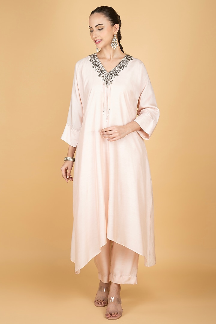 Ivory Cotton Silk Sequins Hand Embellished High-Low Kaftan Set by Tanu Malhotra at Pernia's Pop Up Shop