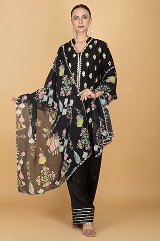 Black Cotton Silk Mirror Boota Embroidered Short Kurta Set by Tanu Malhotra