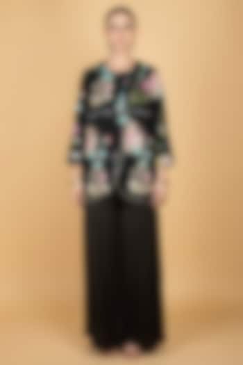 Black Modal Silk Floral Printed & Embroidered Pant Set by Tanu Malhotra at Pernia's Pop Up Shop