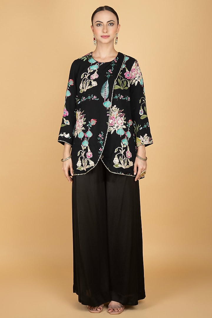 Black Modal Silk Floral Printed & Embroidered Pant Set by Tanu Malhotra at Pernia's Pop Up Shop