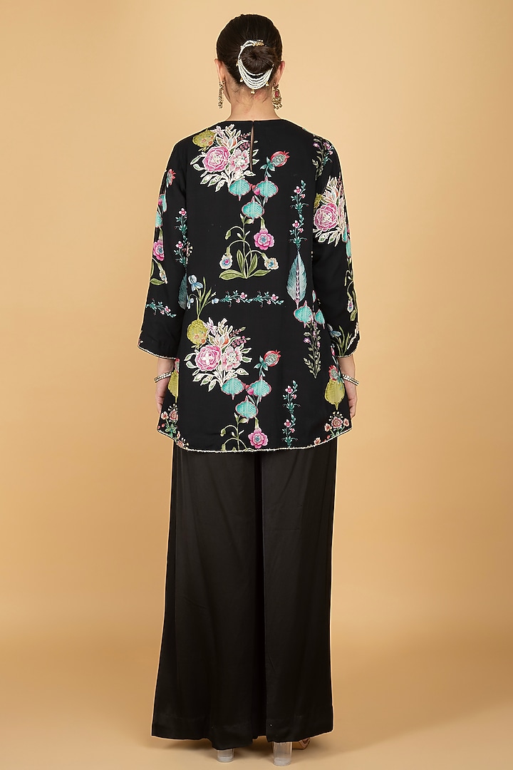 Black Modal Silk Floral Printed & Embroidered Pant Set by Tanu Malhotra at Pernia's Pop Up Shop
