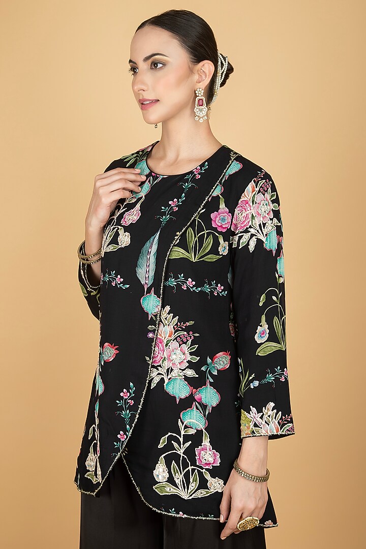 Black Modal Silk Floral Printed & Embroidered Pant Set by Tanu Malhotra at Pernia's Pop Up Shop