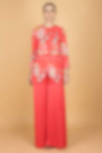 Coral Pink Modal Silk Floral Printed & Embroidered Pant Set by Tanu Malhotra at Pernia's Pop Up Shop