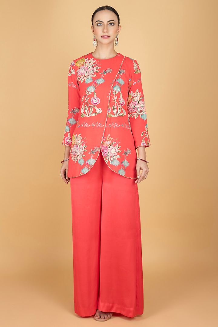 Coral Pink Modal Silk Floral Printed & Embroidered Pant Set by Tanu Malhotra at Pernia's Pop Up Shop