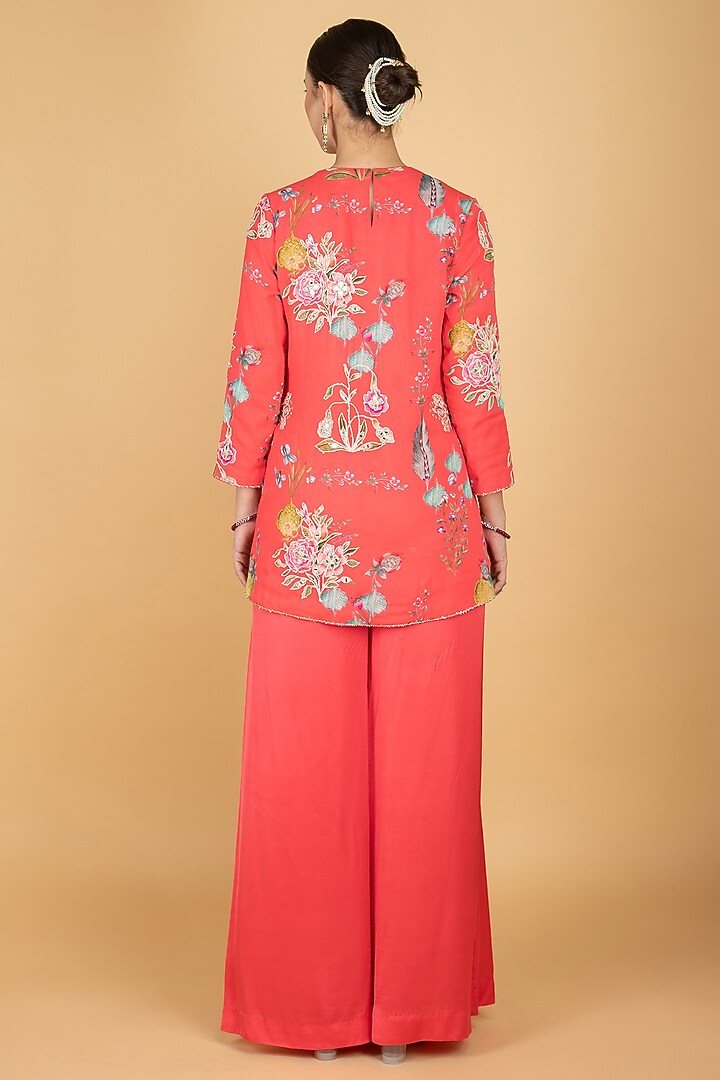 Coral Pink Modal Silk Floral Printed & Embroidered Pant Set by Tanu Malhotra at Pernia's Pop Up Shop