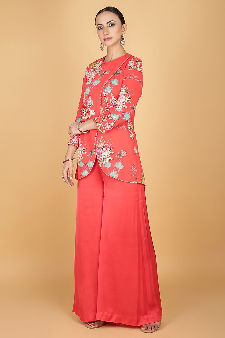 Coral Pink Modal Silk Floral Printed & Embroidered Pant Set by Tanu Malhotra at Pernia's Pop Up Shop