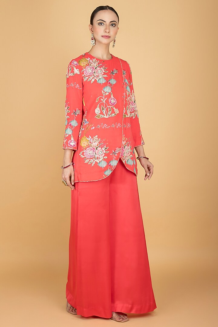 Coral Pink Modal Silk Floral Printed & Embroidered Pant Set by Tanu Malhotra at Pernia's Pop Up Shop