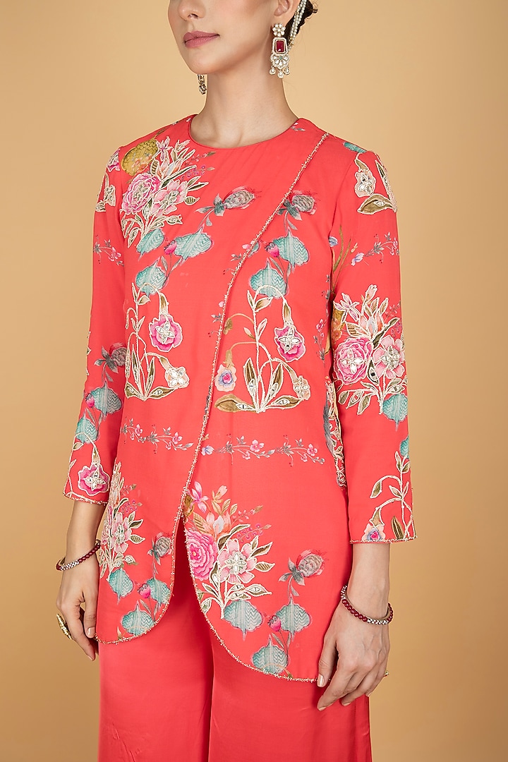 Coral Pink Modal Silk Floral Printed & Embroidered Pant Set by Tanu Malhotra at Pernia's Pop Up Shop