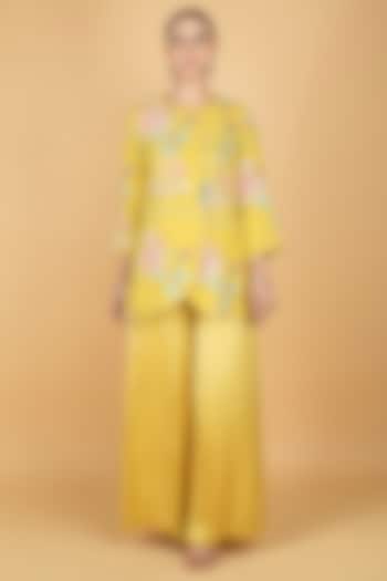 Lime Yellow Modal Silk Floral Printed & Embroidered Pant Set by Tanu Malhotra at Pernia's Pop Up Shop