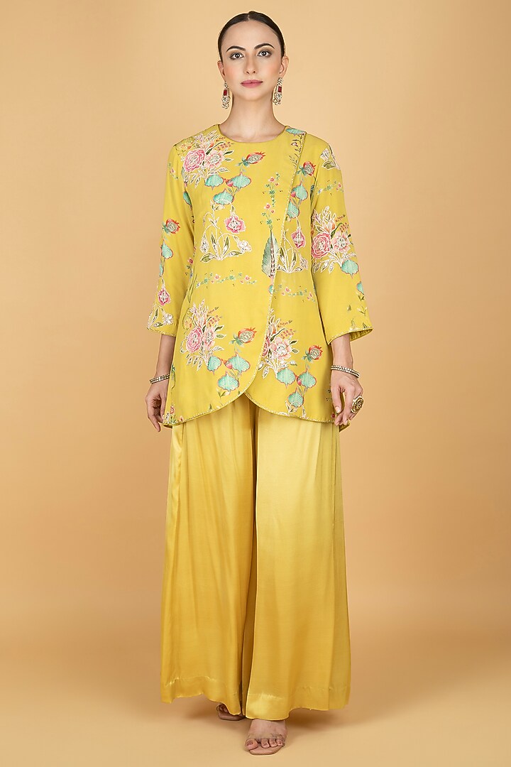 Lime Yellow Modal Silk Floral Printed & Embroidered Pant Set by Tanu Malhotra at Pernia's Pop Up Shop