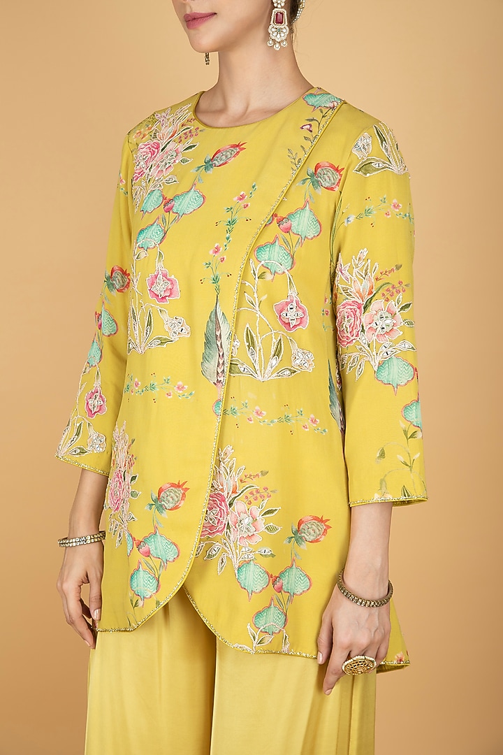 Lime Yellow Modal Silk Floral Printed & Embroidered Pant Set by Tanu Malhotra at Pernia's Pop Up Shop