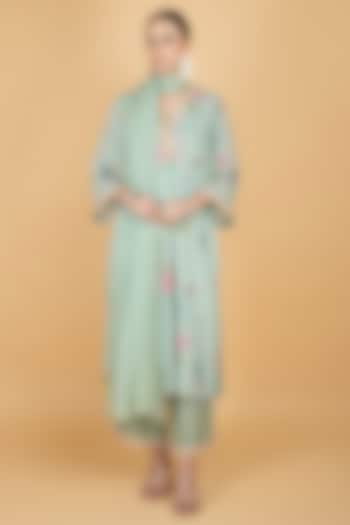 Green Georgette Floral Printed & Mirror Embroidered Kurta Set by Tanu Malhotra at Pernia's Pop Up Shop