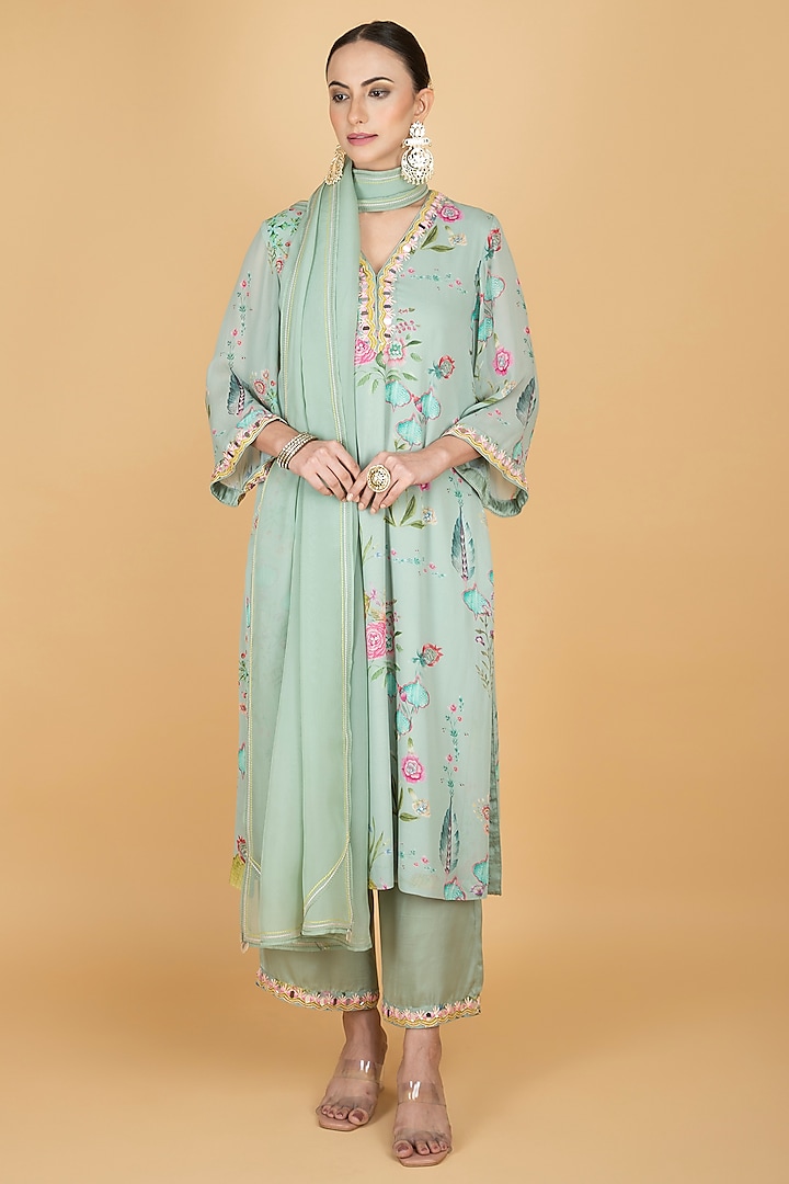 Green Georgette Floral Printed & Mirror Embroidered Kurta Set by Tanu Malhotra at Pernia's Pop Up Shop